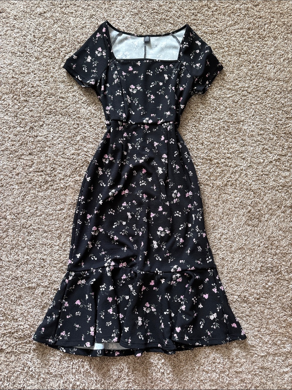 SHEIN Black Midi Dress with Pink & White Floral Print